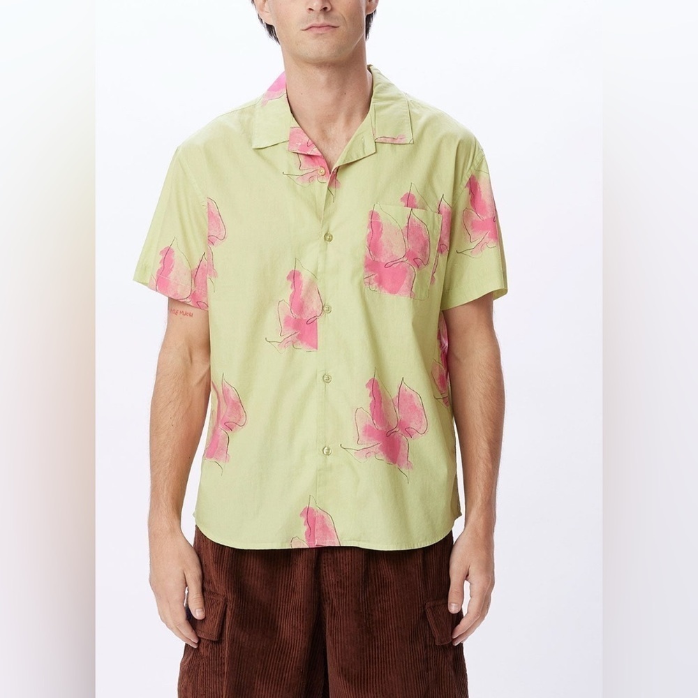 NWT Obey Bells Woven Celery Juice Green Pink Watercolor Floral Button Shirt L